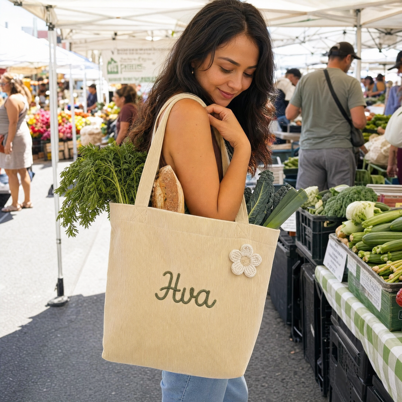 Woman carrying a personalized canvas tote with custom name Ava at a market