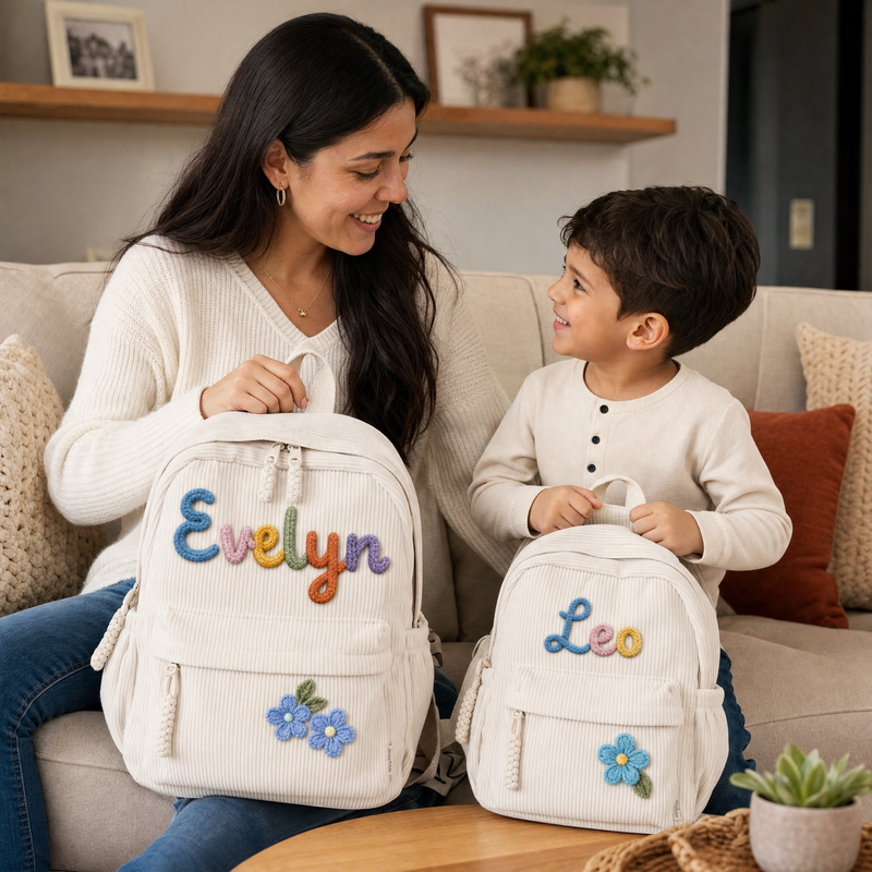 Parent and child carrying matching personalized corduroy backpacks with custom names Evelyn and Leo
