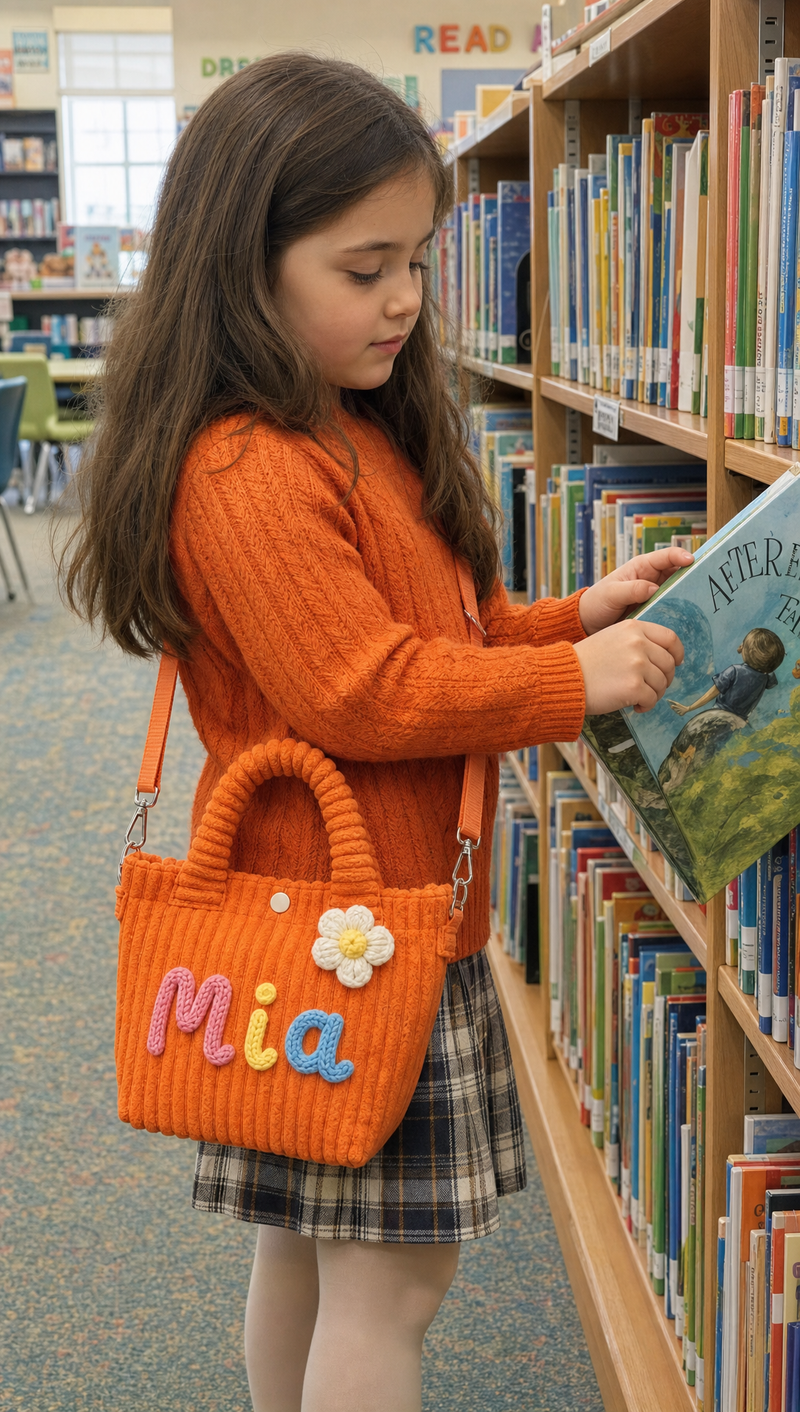 Girl carrying an orange personalized corduroy crossbody bag with custom name Mia in a library