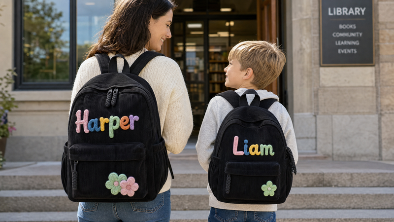 Two children carrying matching personalized black backpacks with custom names Harper and Liam outside a school
