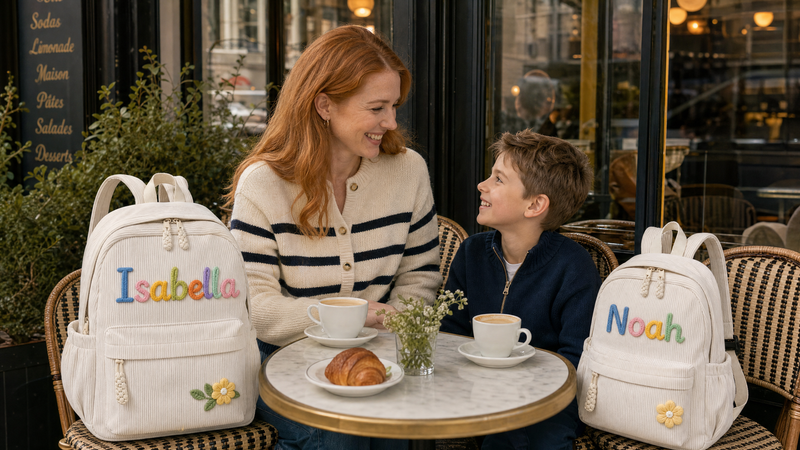 Family carrying personalized corduroy family matching backpacks with custom names while dining outdoors