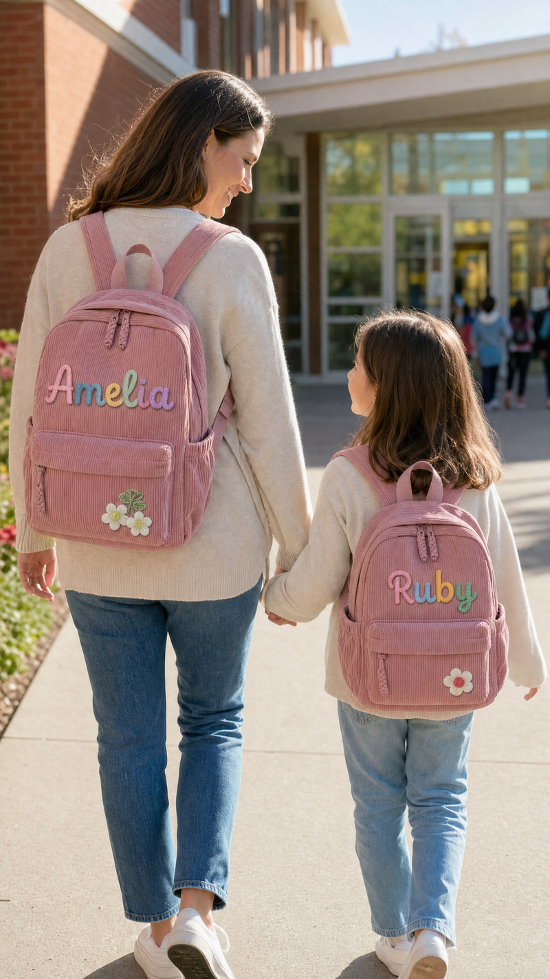 Parent walking with a child carrying matching personalized pink backpacks with custom names Amelia and Ruby