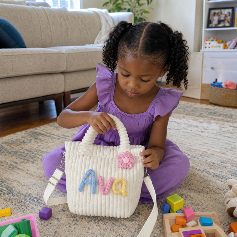 Child using a personalized fabric kid bag with custom name Ava