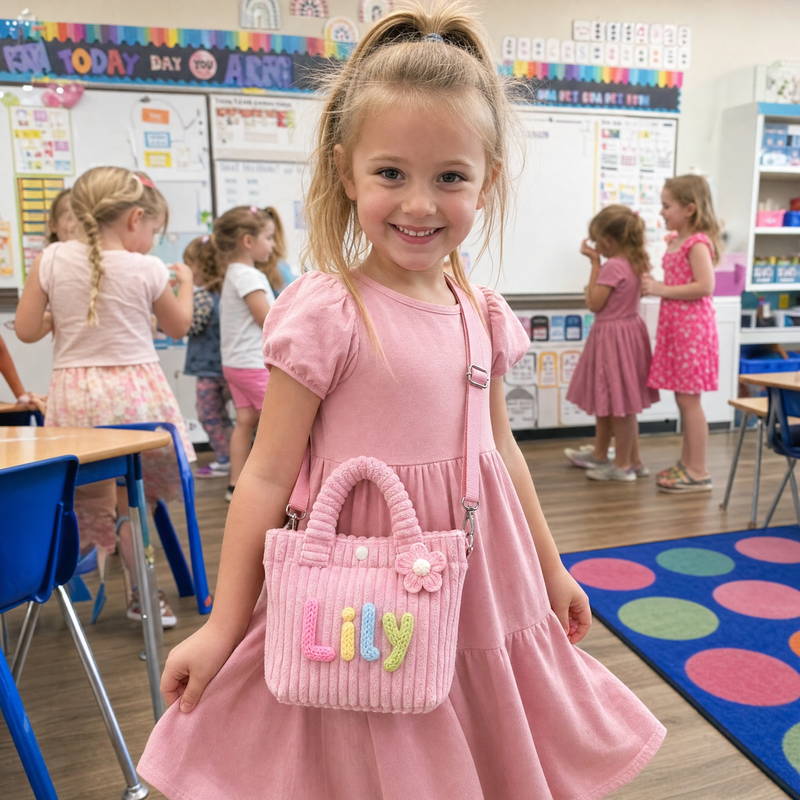 Girl carrying a personalized pink corduroy tote with custom name Lily