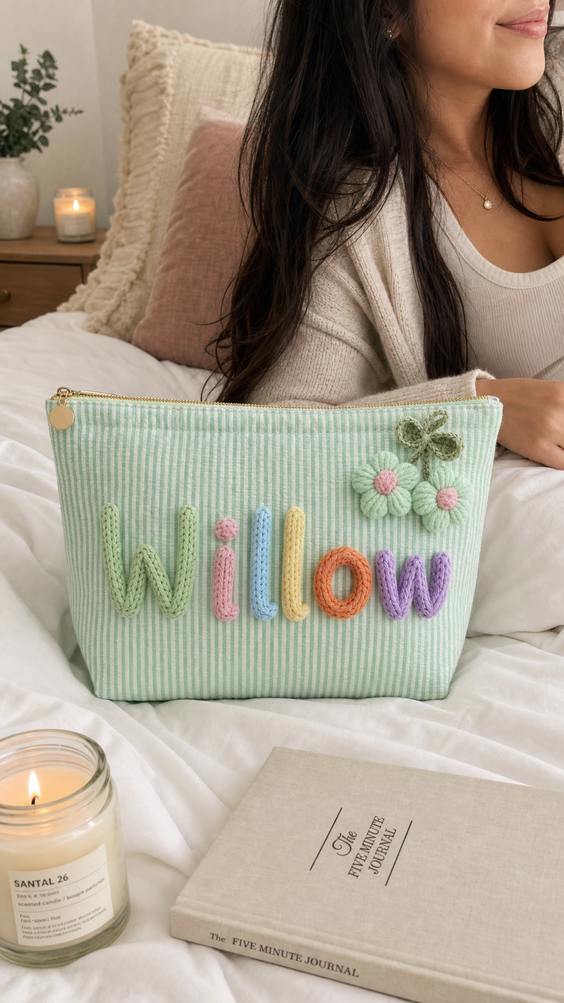 Woman holding a personalized green corduroy makeup bag with custom name Willow at home