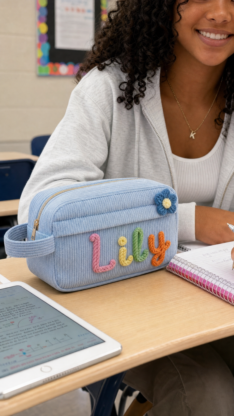 Woman using a blue personalized corduroy storage basket with custom name Lily at a desk