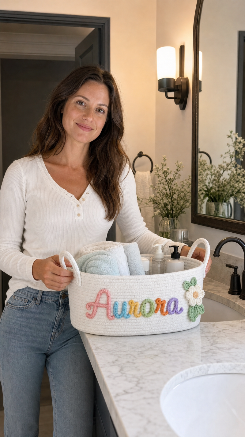 Woman holding a personalized blue storage basket with custom name Aurora in a bathroom