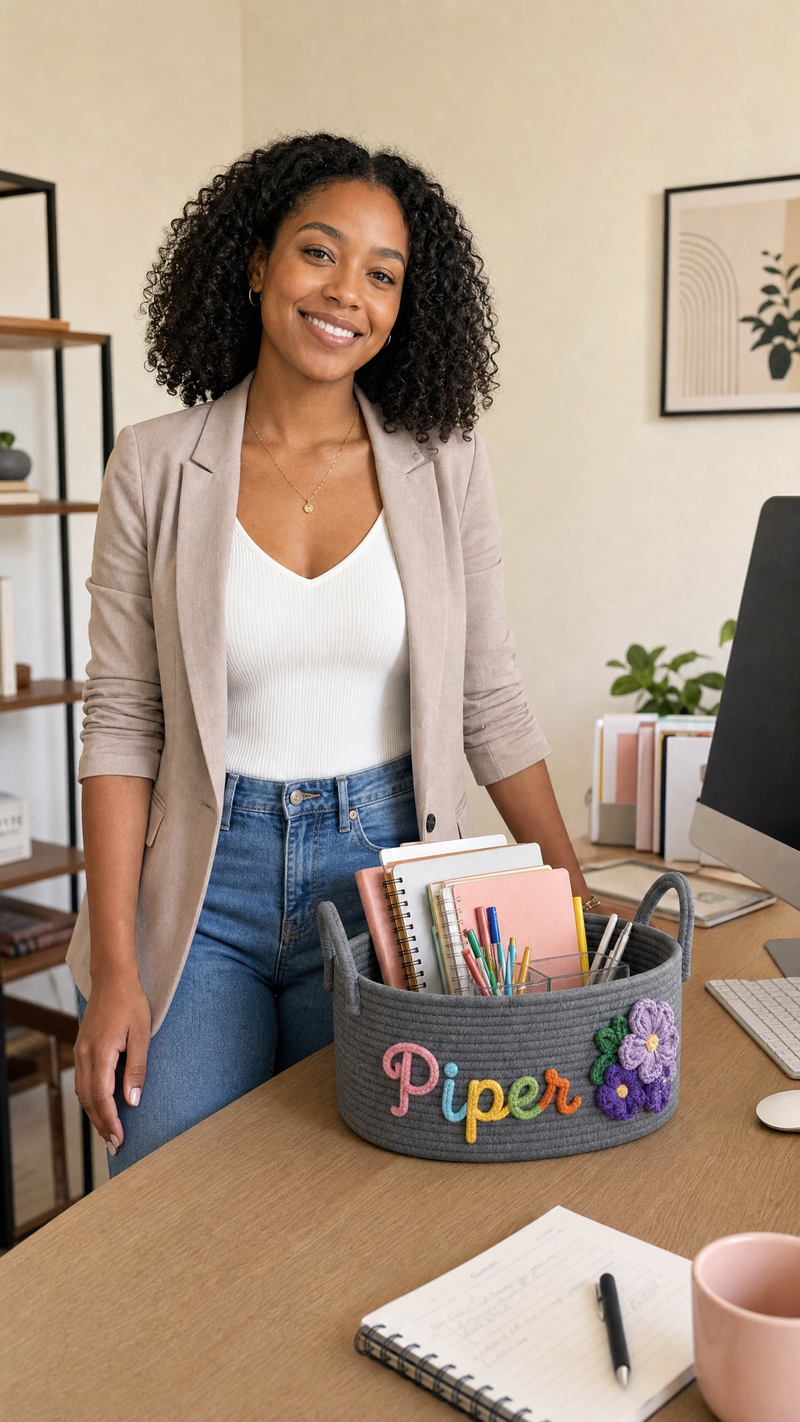 Woman using a personalized corduroy storage basket with custom name Piper in a home office