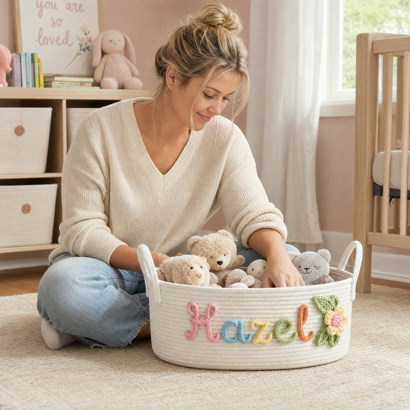 Woman holding a personalized storage basket with custom name Hazel and stuffed animals