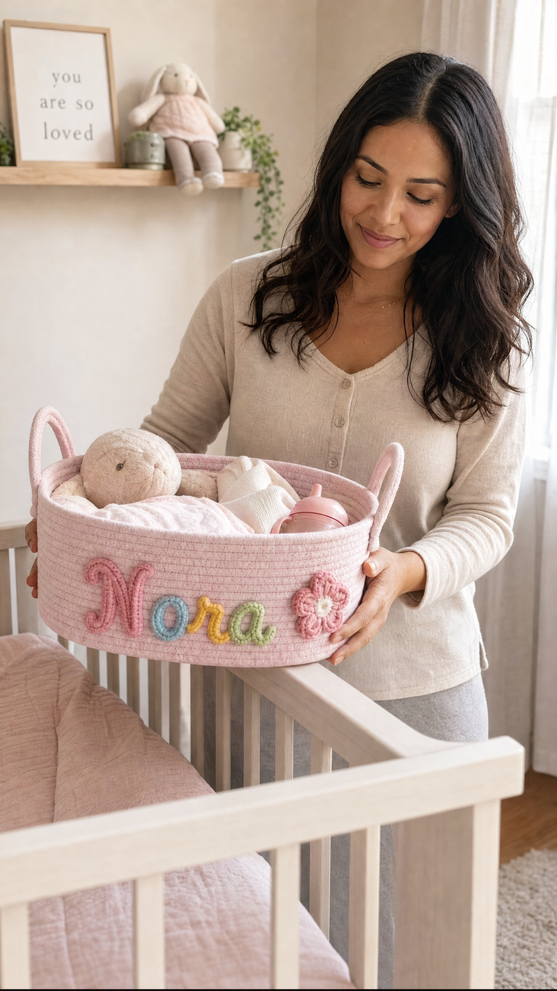Woman holding a personalized baby storage basket with custom name Nora beside a crib