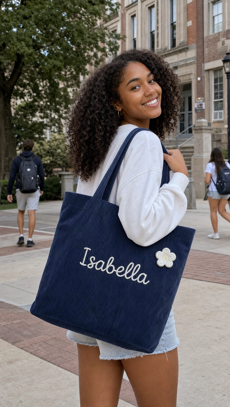 Woman carrying a navy personalized corduroy tote with custom name Isabella