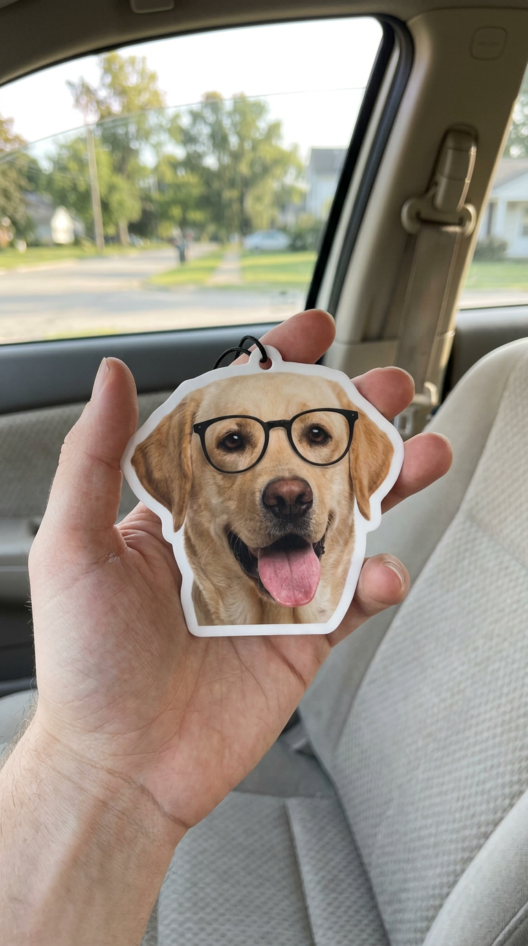 Hand holding a personalized dog photo clip inside a car
