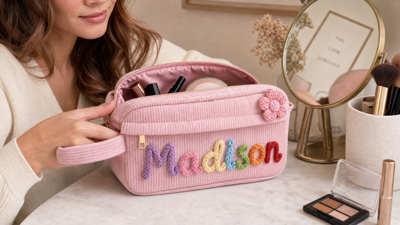 Close-up of a personalized pink pouch with custom embroidered name Madison