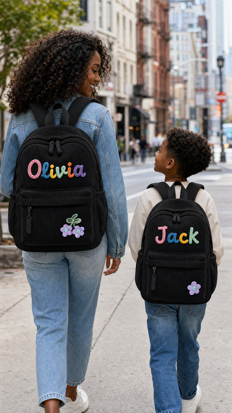 Parent and child carrying matching personalized corduroy backpacks with custom names