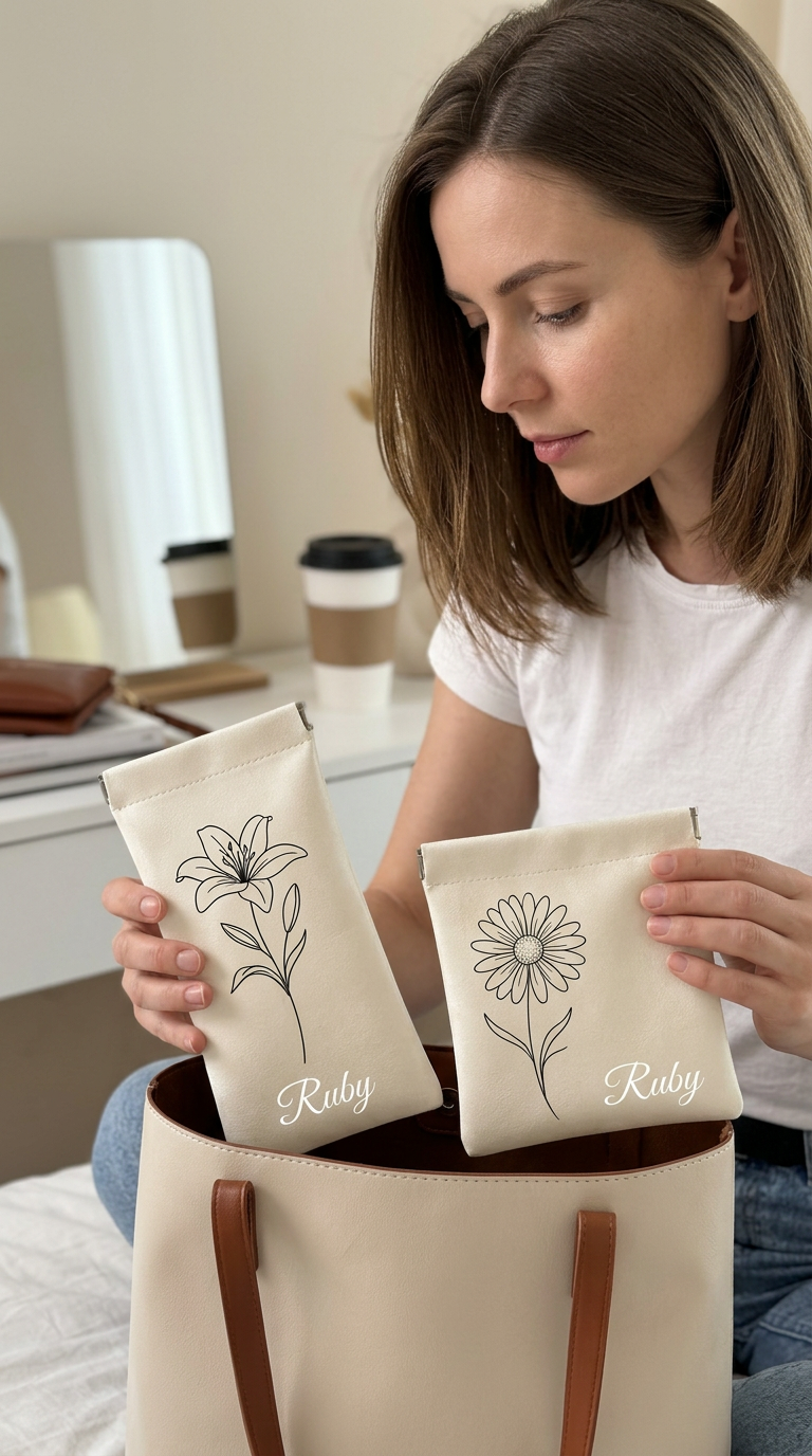 Woman holding a personalized floral pouch and matching travel accessories