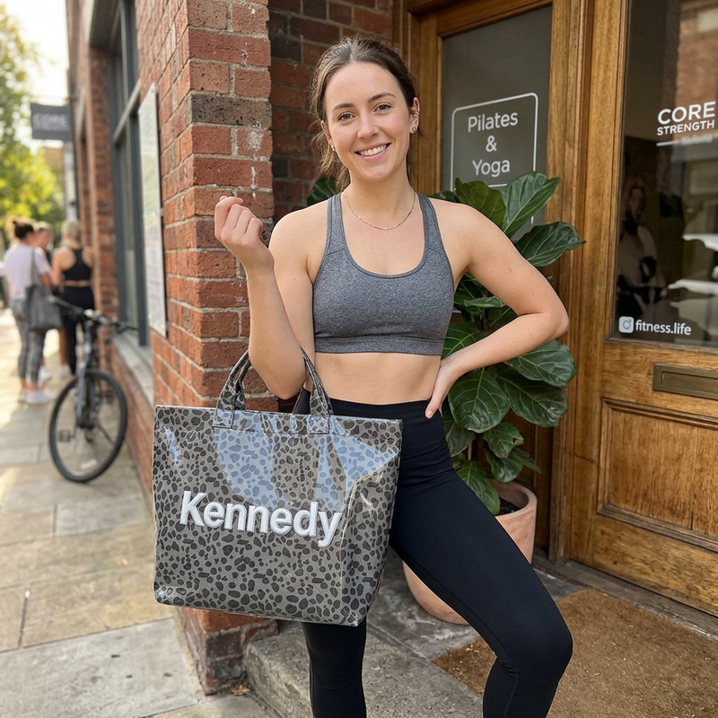 Woman carrying a personalized gray tote with custom name Kennedy after a workout