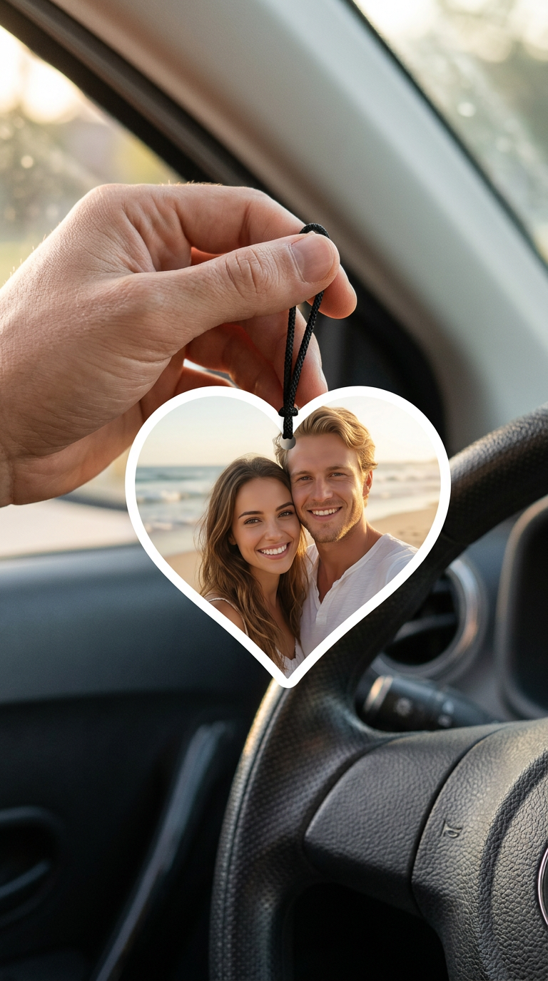 Hand holding a heart-shaped personalized photo scented card with a couple's picture inside a car