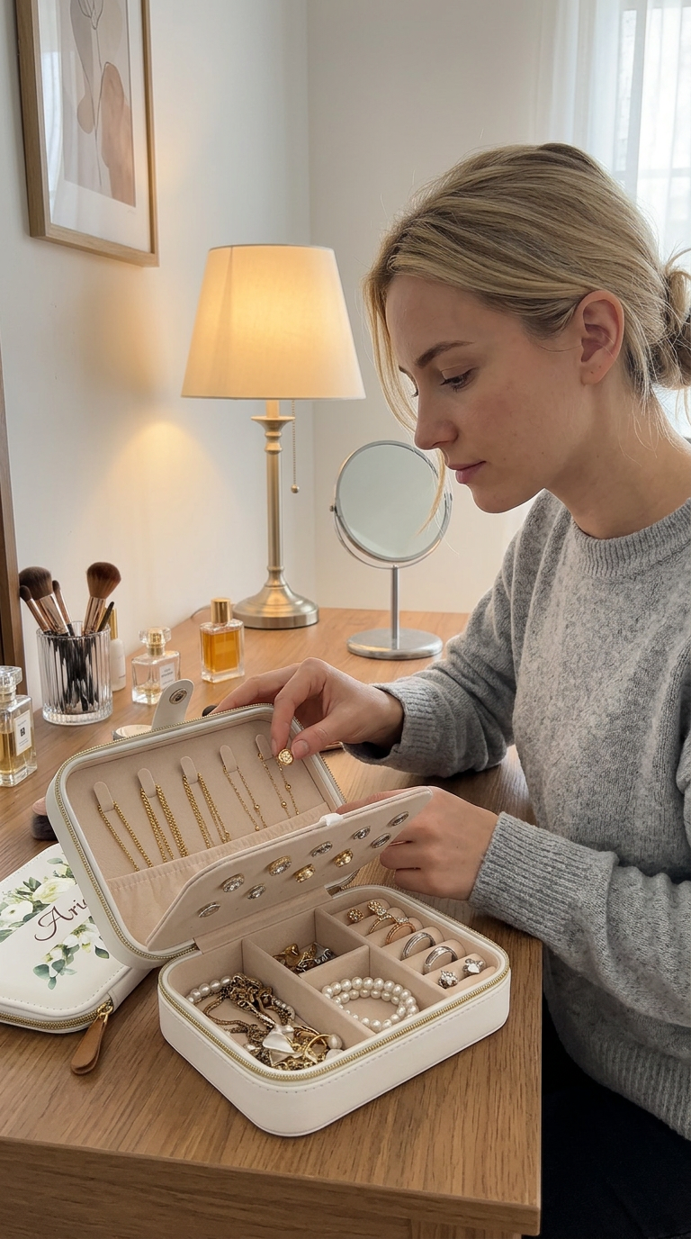 Woman using a personalized jewelry box with custom name Taylor at a vanity