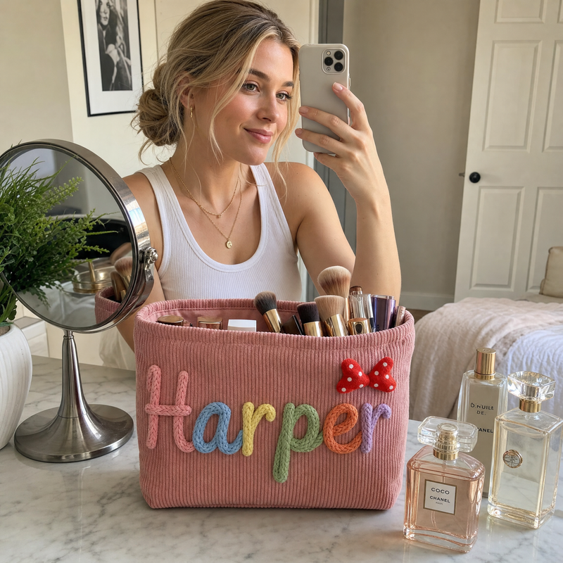 Woman carrying a large personalized tote with colorful custom name Harper