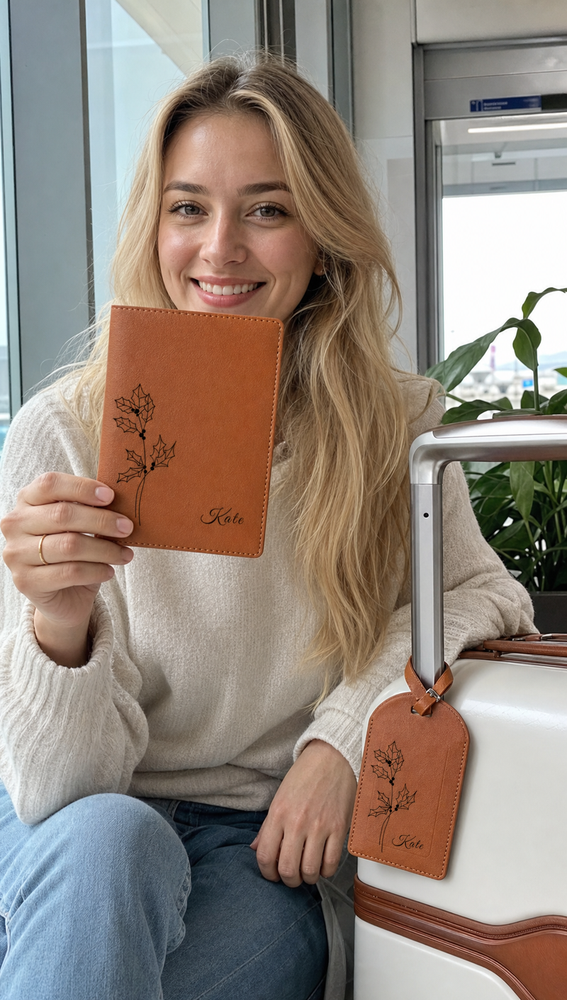 Woman holding a personalized brown journal with custom name Kate while traveling