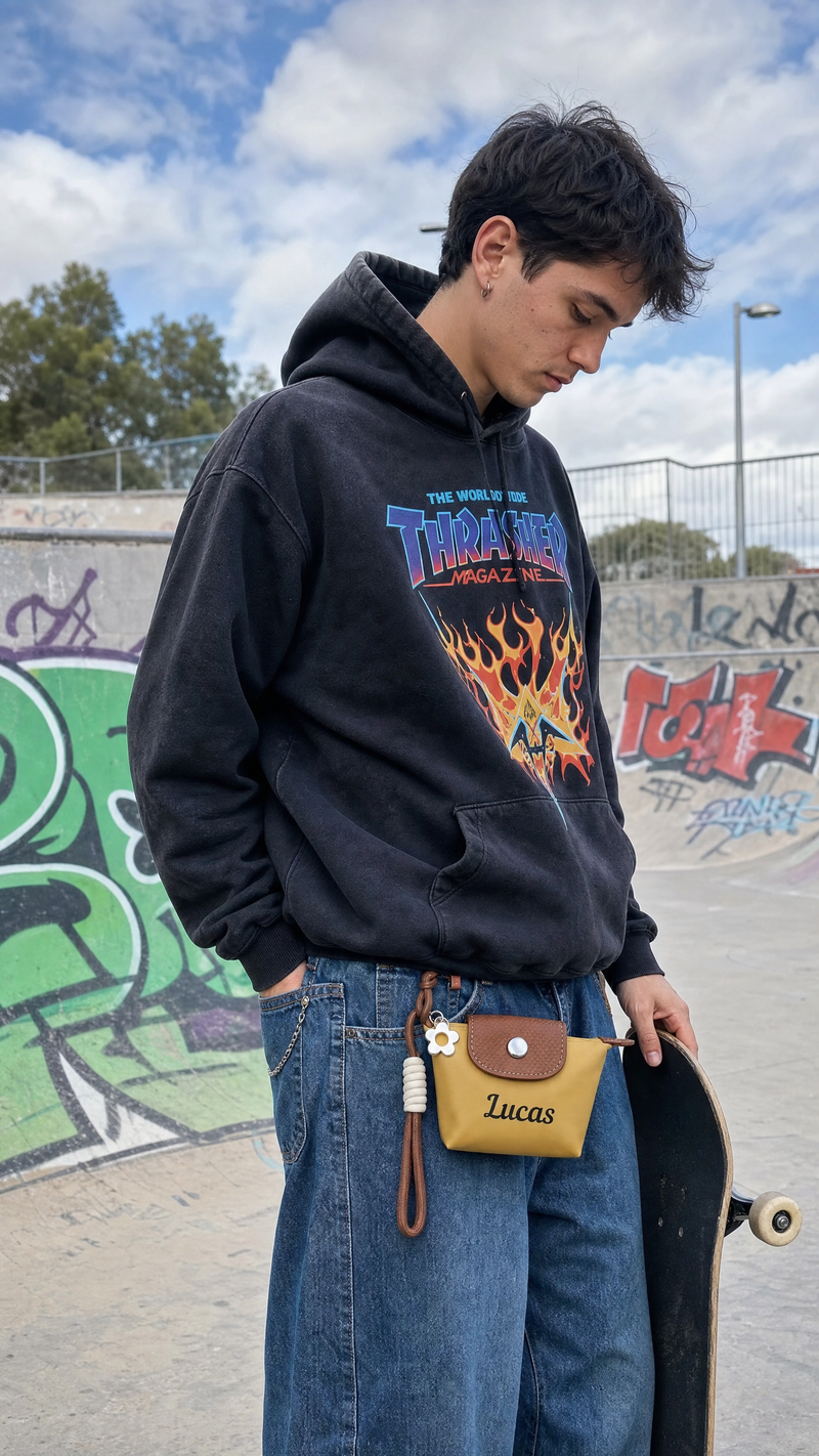 Young man wearing a personalized brown mini pouch with custom name Lucas