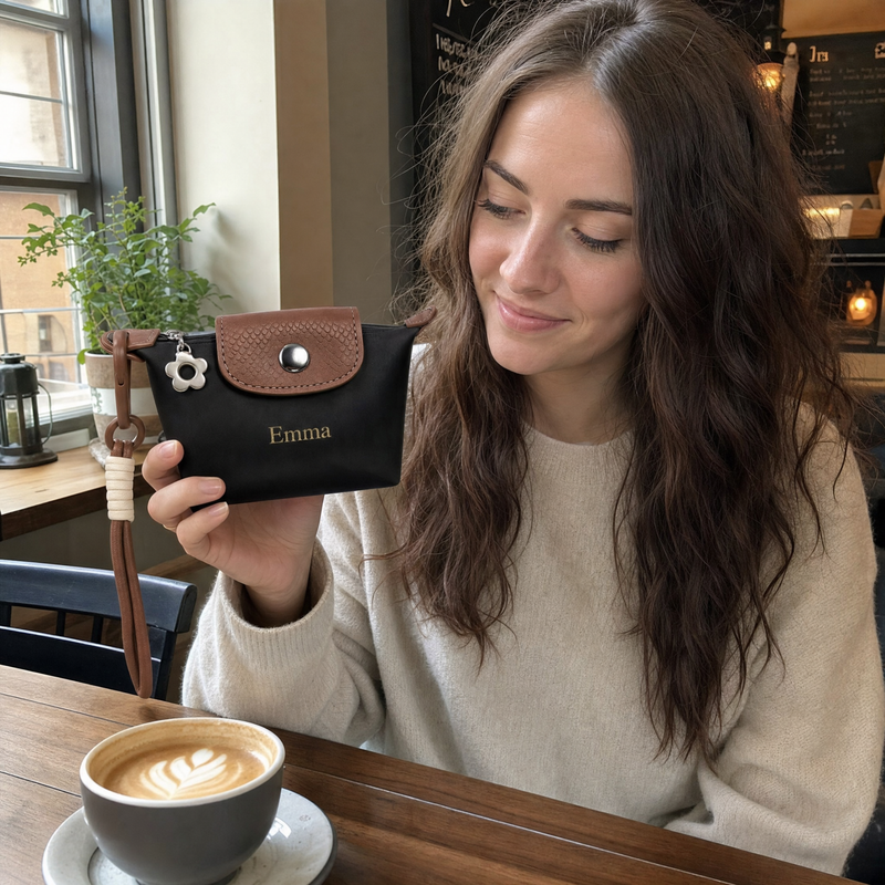 Woman holding a personalized brown mini coin purse with custom name at a cafe