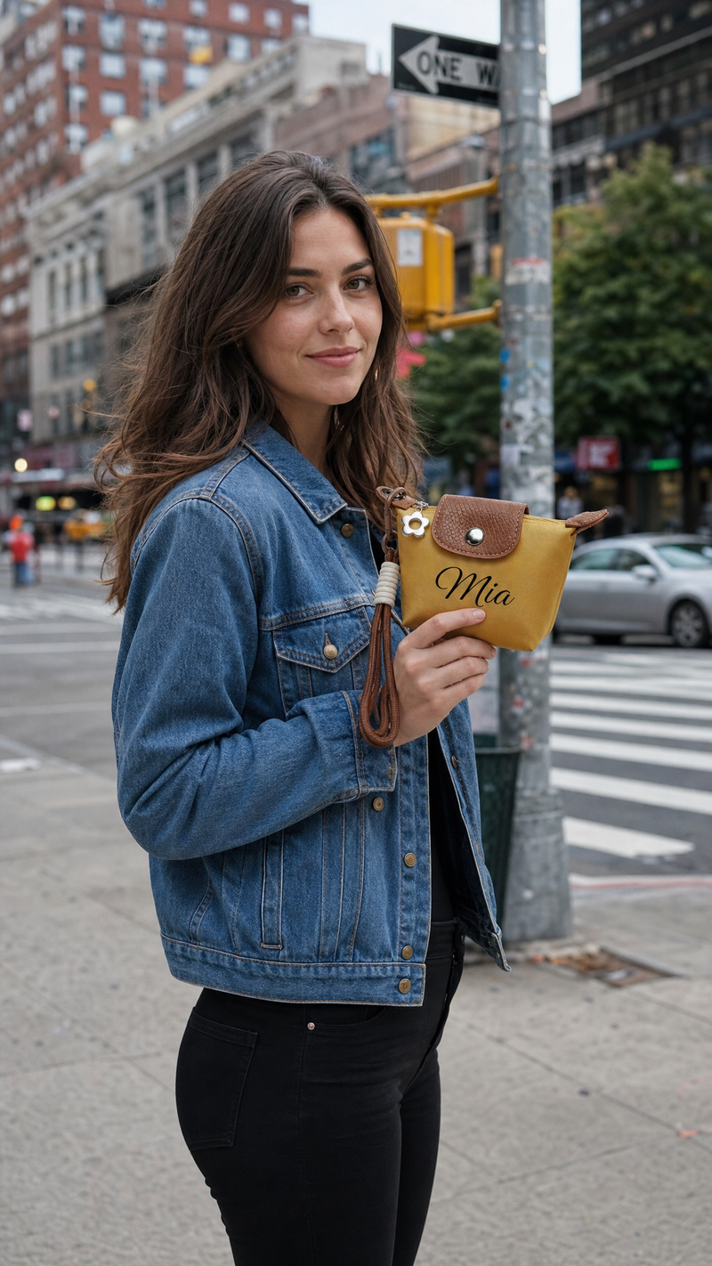 Woman carrying a personalized brown mini pouch with custom name Mia in the city