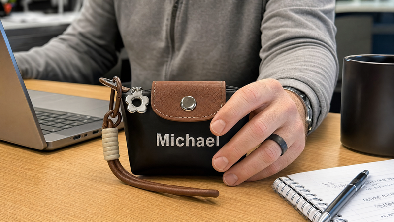 Close-up of a personalized brown mini pouch with custom name Michael on a desk