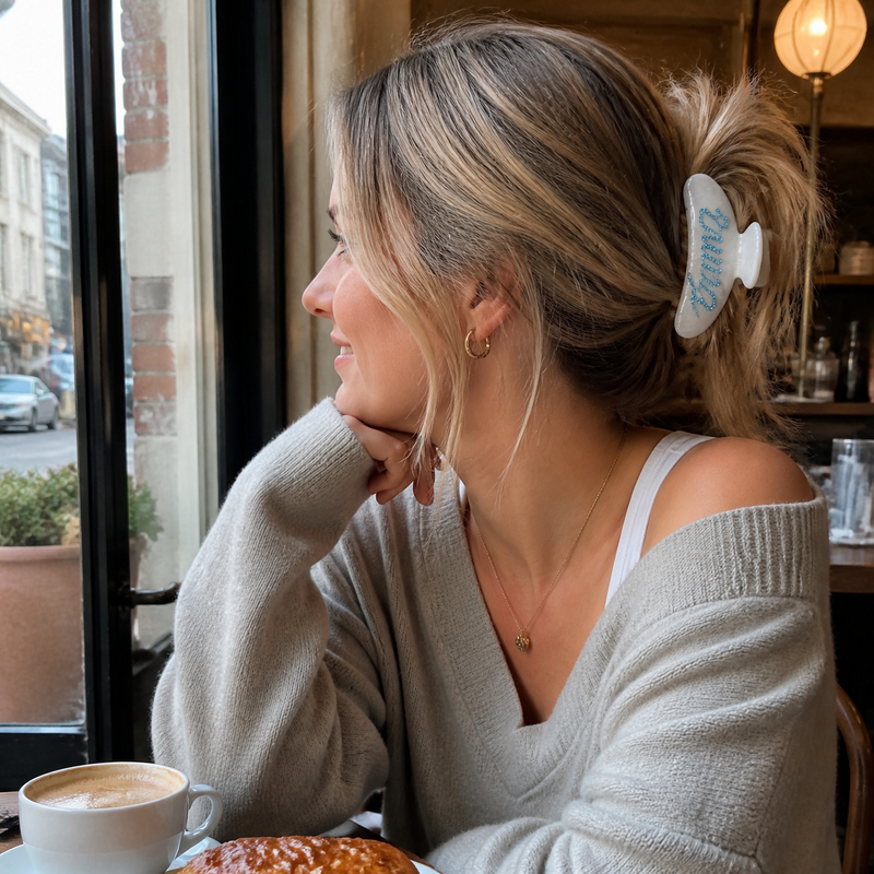 Woman wearing a personalized name hair claw clip while enjoying coffee