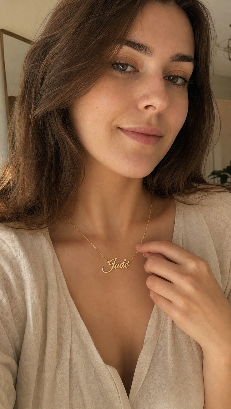 Close-up of a woman wearing a personalized name necklace with Jade inscription