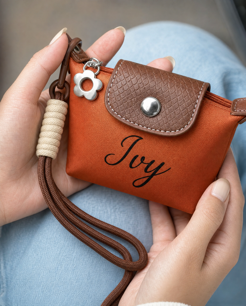 Close-up of a personalized orange coin pouch with custom name Joy