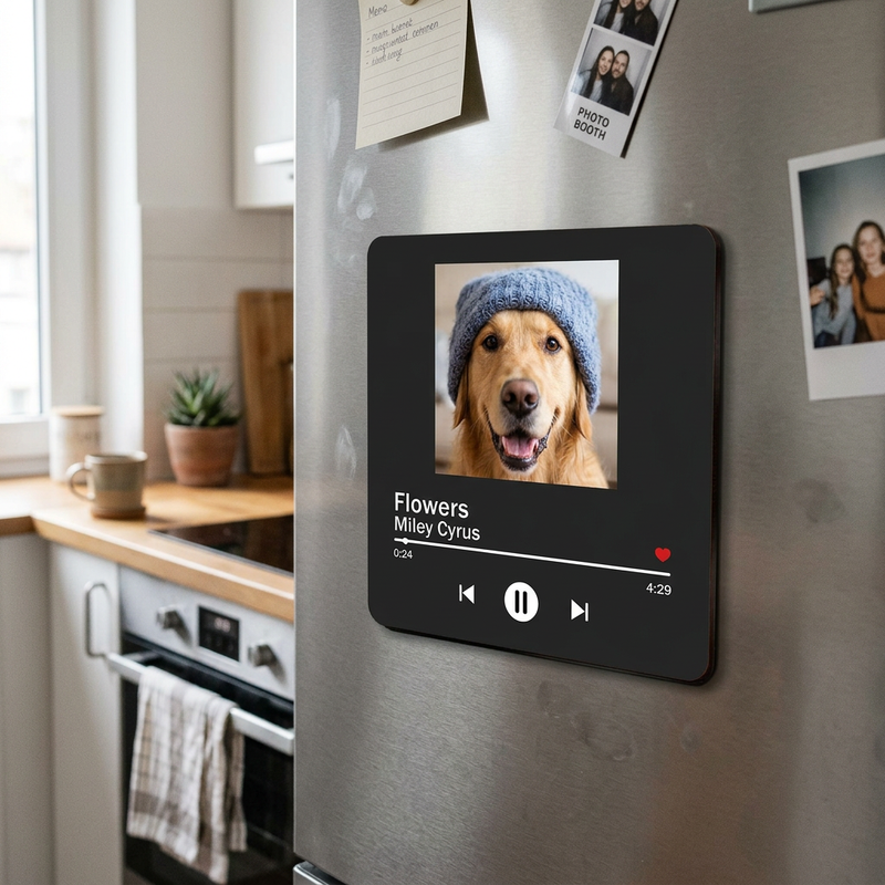 Personalized photo music plaque displaying a dog's photo in a kitchen