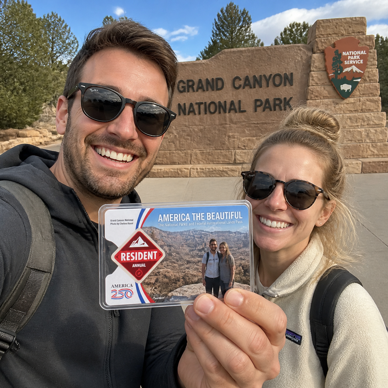 Man and woman holding a personalized photo cover of American national park pass at the Grand Canyon