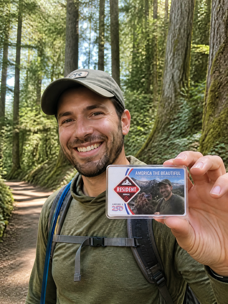 Man holding a personalized photo covered his American national park pass