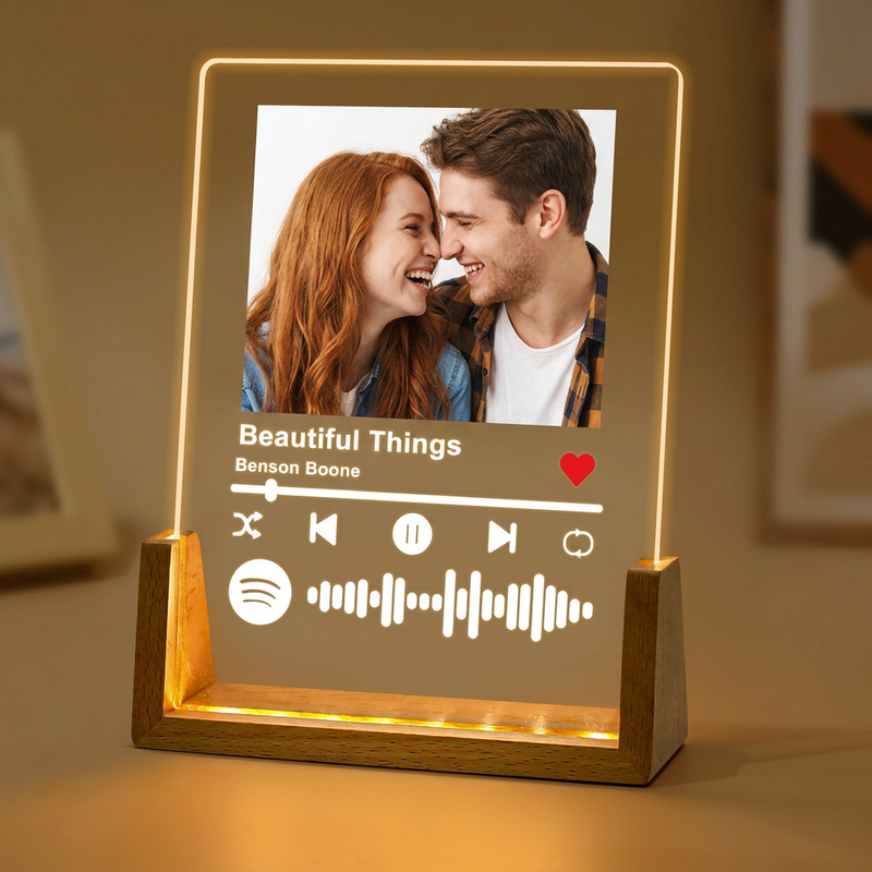 Personalized photo music lamp displaying a couple's photo and song details
