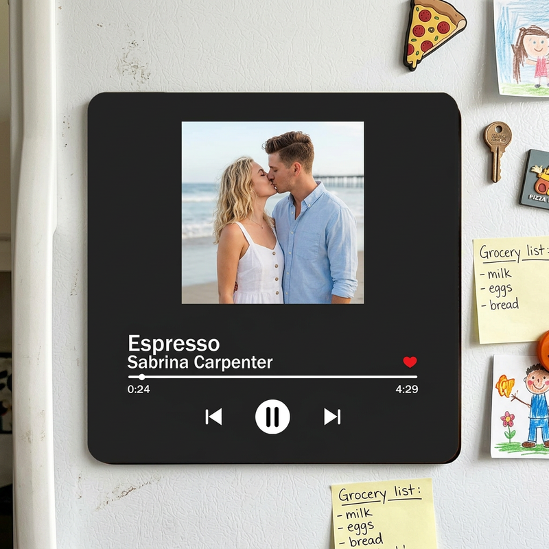 Personalized photo music plaque displaying a couple's photo and song Espresso