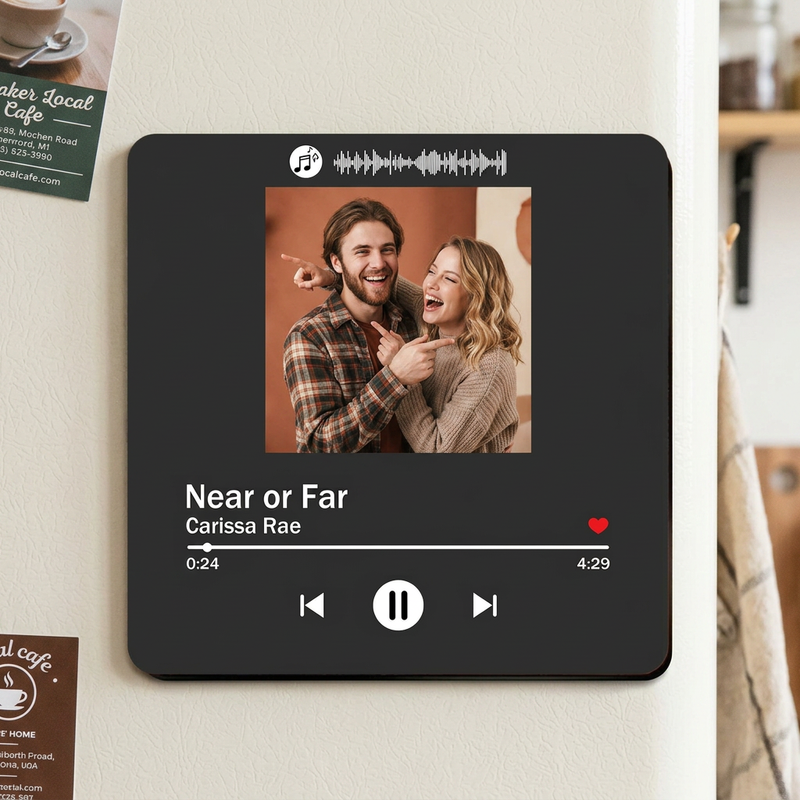 Personalized photo music plaque displaying a couple's photo and song details