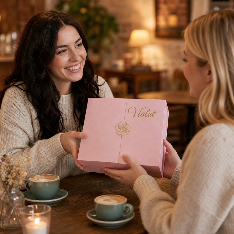 Woman opening a pink personalized gift box with custom name Violet