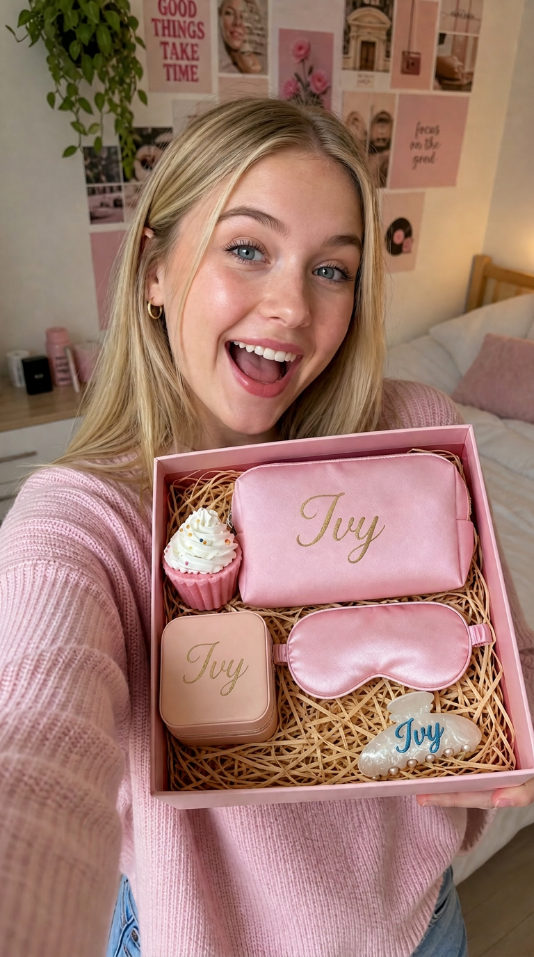 Woman smiling while holding a personalized pink gift box with custom name Joy