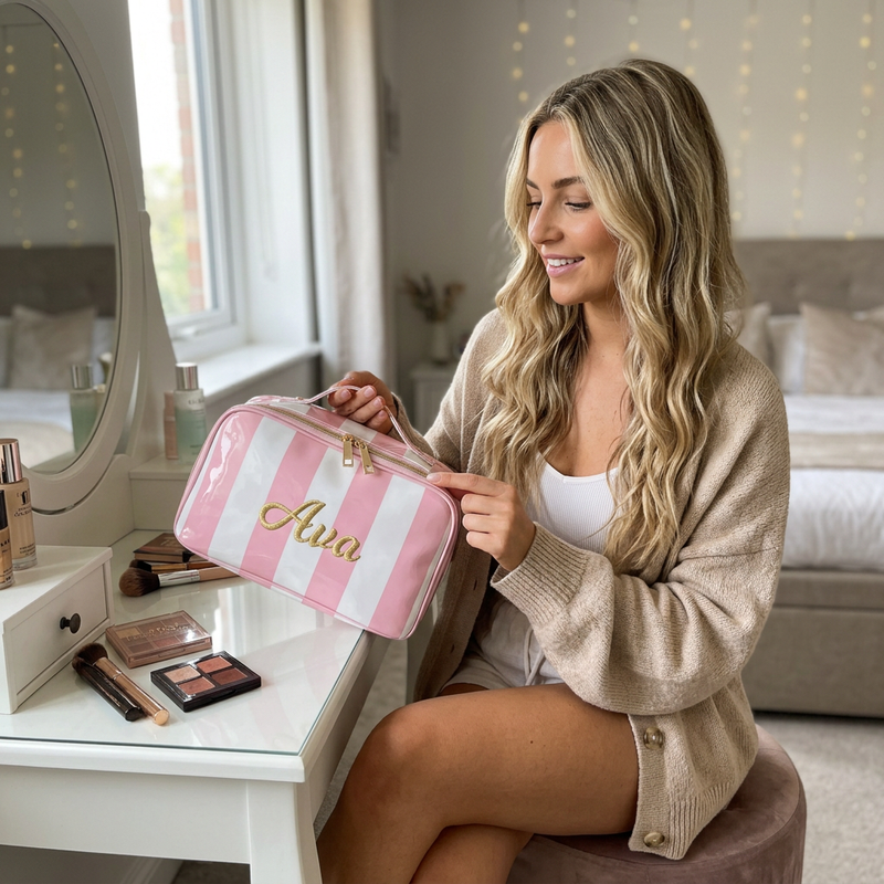 Woman holding a personalized pink makeup bag with custom name while sitting at a desk
