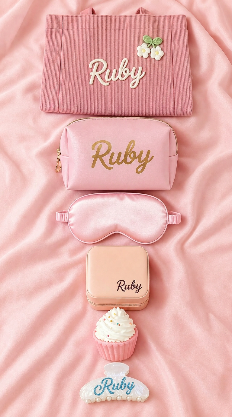 Personalized pink travel accessories of gift box with custom name Ruby arranged together