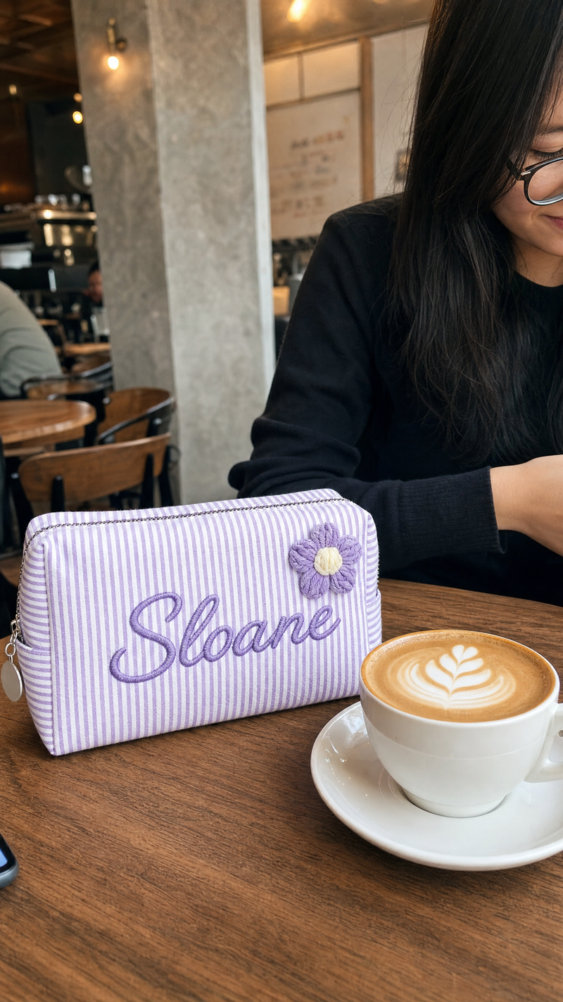 Personalized lavender corduroy pouch with custom name shown beside a coffee at a cafe