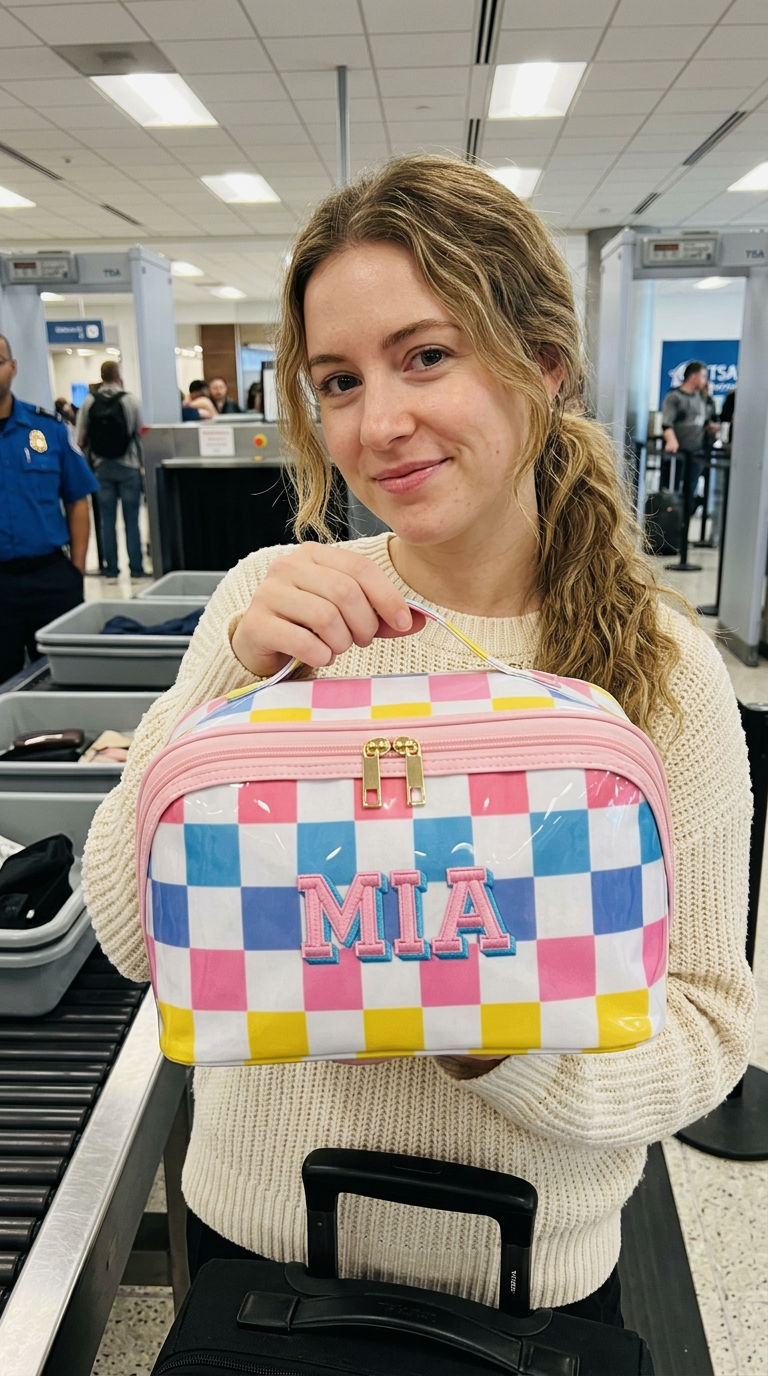 Woman holding a colorful personalized quilted travel bag with custom name Mia at an airport
