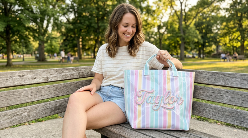 Woman carrying a personalized striped beach tote with custom name Madison in a park