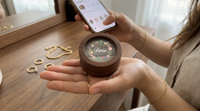 Close-up of a personalized round compact mirror being opened on a table
