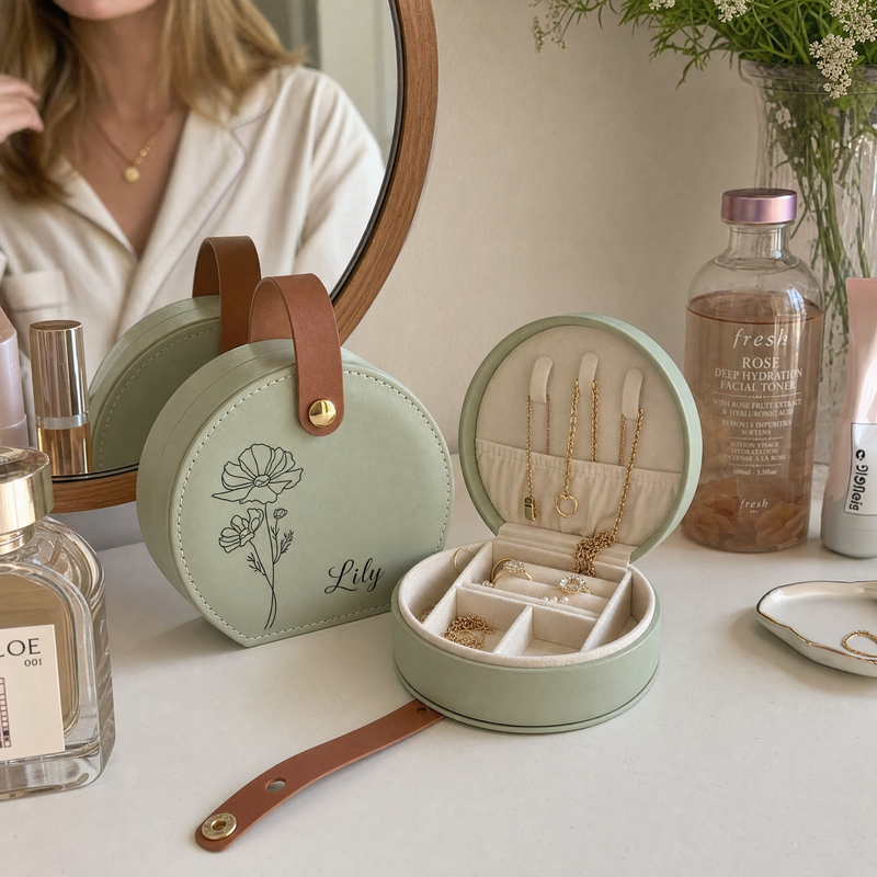 Personalized round jewelry box with floral design displayed with jewelry accessories