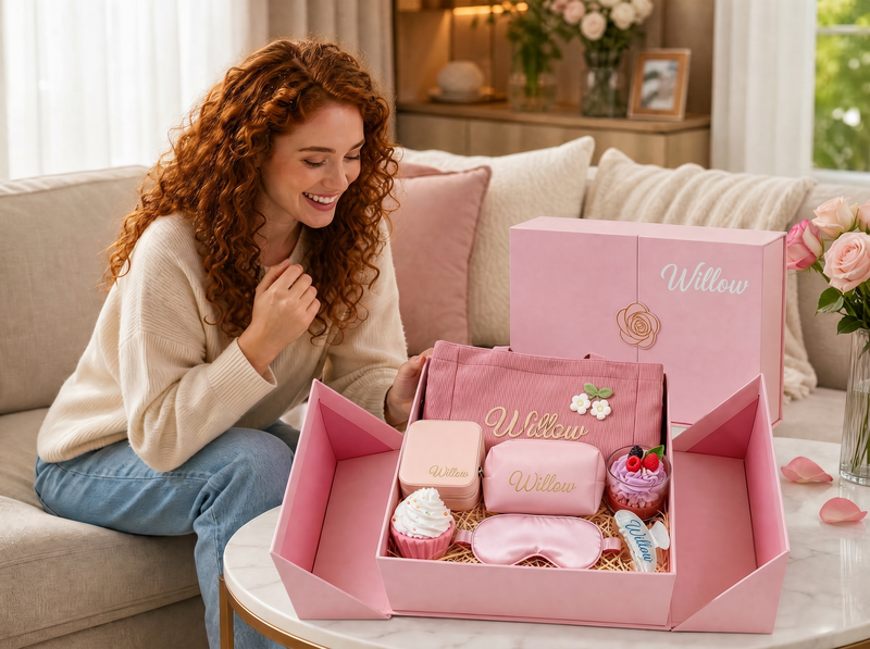 Woman opening a personalized spa gift box with self-care products