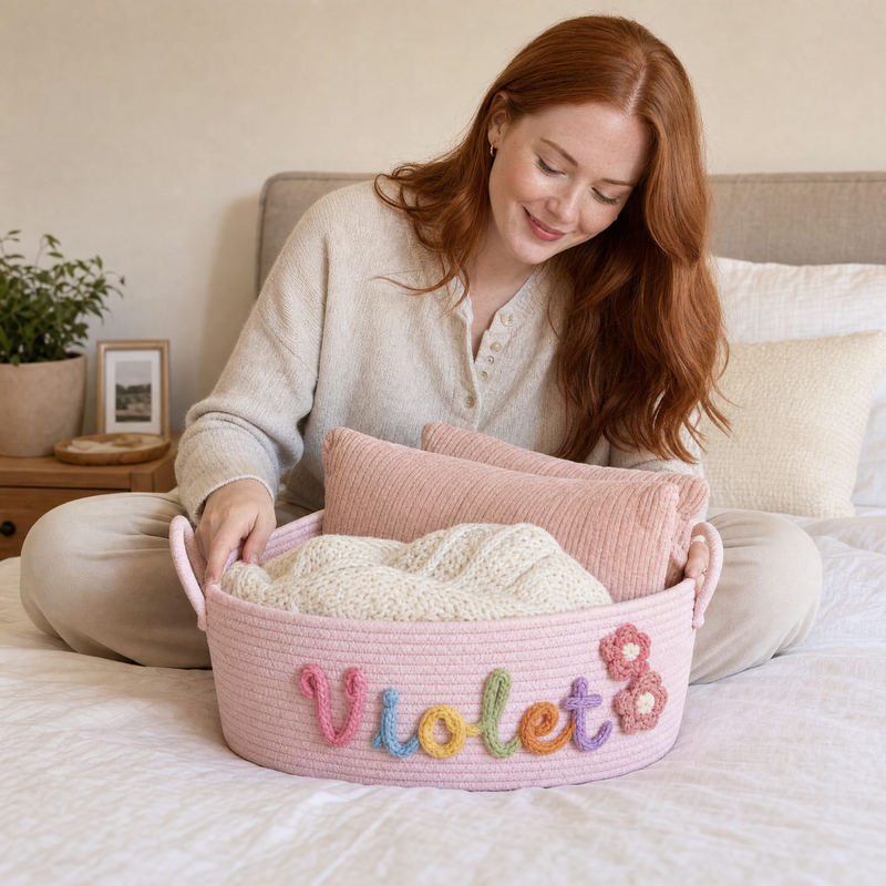 Woman holding a personalized fabric storage basket with colorful custom name Violet