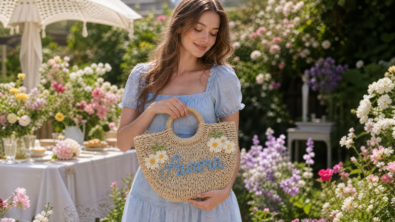 Woman carrying a personalized straw beach tote while enjoying a garden setting