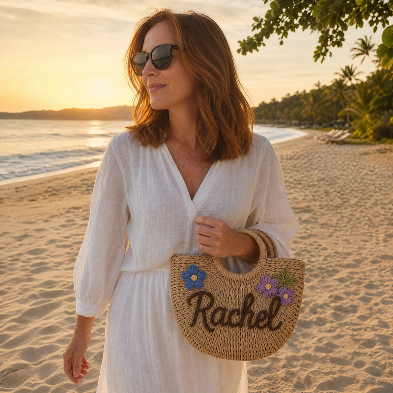 Woman carrying a personalized straw beach tote with custom name at the beach